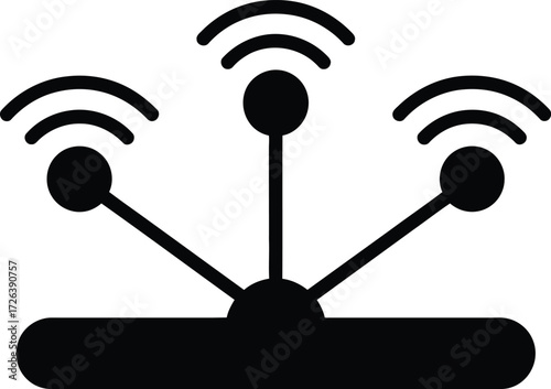 Black and white icon of a network hub with three radiating signals