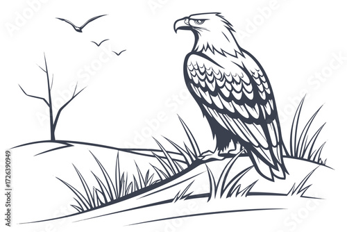 Flying Bald Eagle Vector Illustration - Mascot Line Art