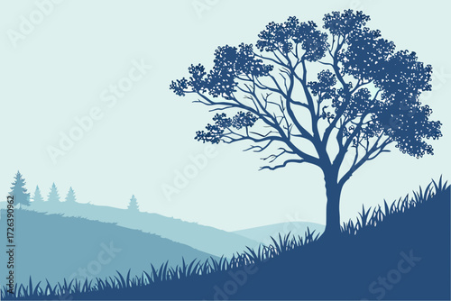 Perched Bald Eagle Vector Illustration on Grassy Hill