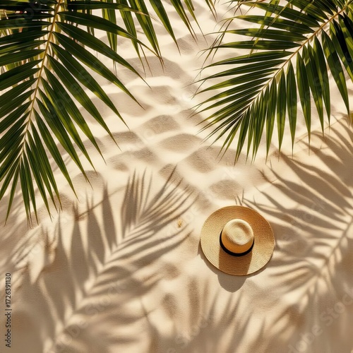 Palm leaf shadow on the sand. Tropical background. Copy space.