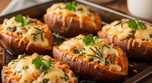 Baked Sweet Potato Stuffed with Cheese and Herbs.