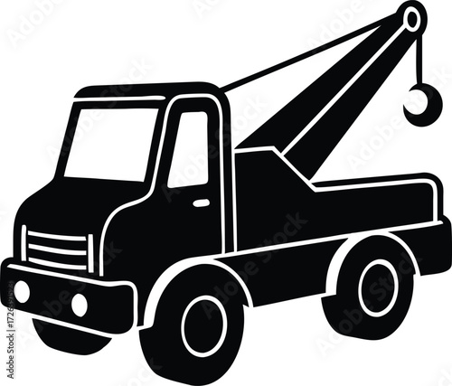 Black silhouette of a tow truck with crane and hook
