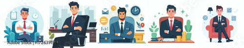 Confident Businessman Sitting with Arms Crossed in Office Chair Illustration for Corporate Leadership and Success