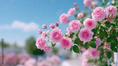 Blooming Pink Roses with Green Leaves under Bright Blue Sky Floral Arrangement Garden Blossoms Delicate Petals Decorative Display Natural Beauty