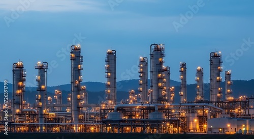 Wallpaper Mural Illuminated industrial refinery complex at dusk with intricate piping and towering structures Torontodigital.ca