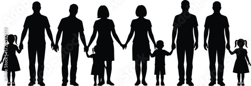 Silhouette of families with parents and children holding hands together, family unity, bonding, love, support, care, happiness, relationship