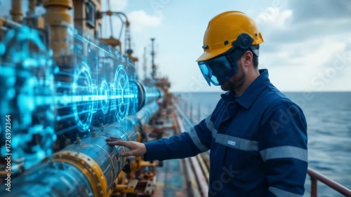 Engineers on an offshore platform use augmented reality holograms to inspect pipes. Ideal for the oil and gas industry, AR technology, or factory management visuals. 4k video