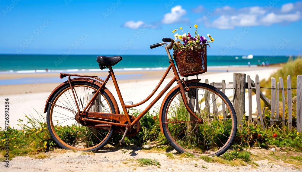 Fototapeta premium A vintage bicycle with flowers in a basket stands on a beach