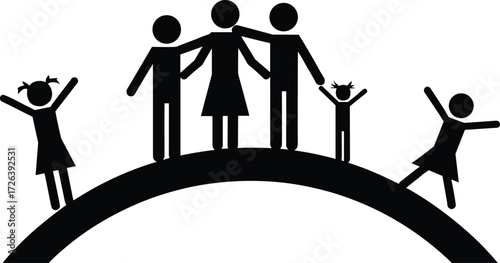 Happy family silhouette illustration with parents and children standing together on hill, unity, love, care, bonding, vector