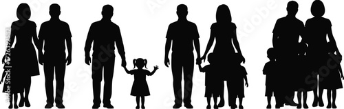 Silhouette of families with parents and children standing together, family unity, love, bonding, care, support, vector, relationship, happiness