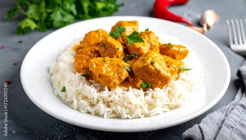 Chicken curry over rice dish