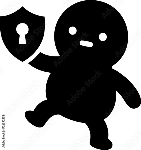 Digital art: A black, cartoonish figure with a shield bearing a keyhole stands protectively, isolated on a white background, creating a secure, minimalist, and slightly whimsical mood.
