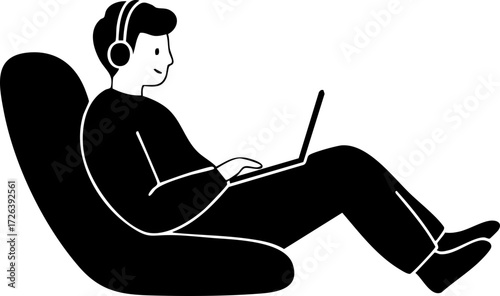 Digital art: a person with headphones sits relaxed in a chair, using a laptop, monochrome, minimalist style, calm mood, no background details.
