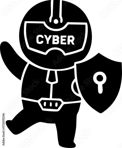Digital art: A cartoonish cyber security figure, helmet labeled "CYBER," holds a shield with a keyhole, standing confidently, black silhouette against a white background.
