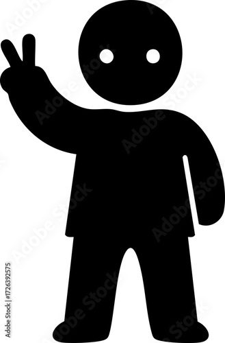 Stylized black silhouette of a person with two white eyes, holding up a peace sign, isolated on a white background, simple, optimistic.
