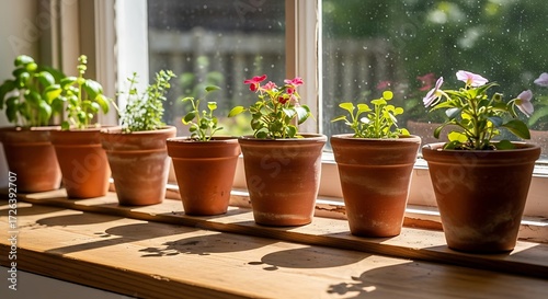 Potted Herbs on Windowsill Sunlight.