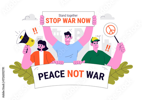 Protest Anti War Resistance Demonstration Illustration Featuring Protesters, Activists, and a Crowd with Placards for a Peaceful Social Demonstration