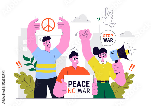 Protest Anti War Resistance Demonstration Illustration Featuring Protesters, Activists, and a Crowd with Placards for a Peaceful Social Demonstration