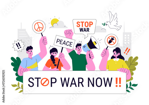 Protest Anti War Resistance Demonstration Illustration Featuring Protesters, Activists, and a Crowd with Placards for a Peaceful Social Demonstration