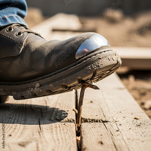 Construction Worker Safety Hazard Nail in Wooden Plank.