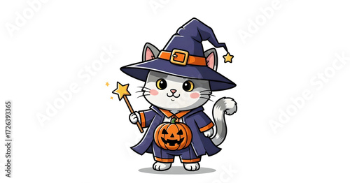 Adorable Cartoon White Cat in Witch Costume Holding a Magic Wand