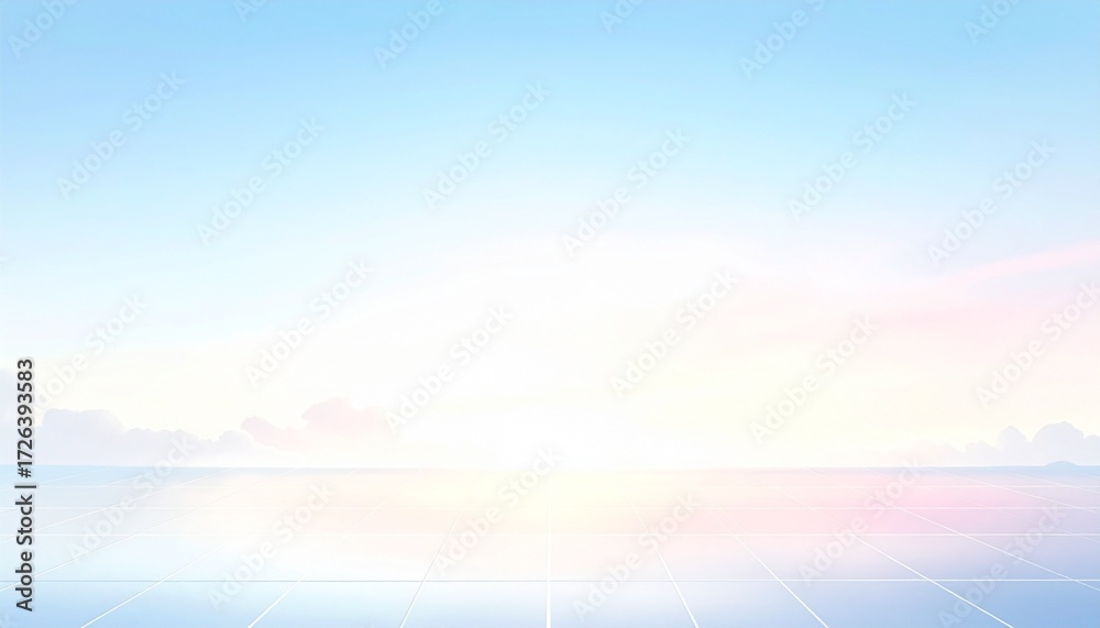 Obraz premium Serene pastel sunrise over calm water with soft reflections and distant horizon, tranquil and inspirational landscape
