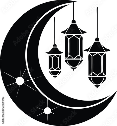 Crescent moon with hanging lanterns and stars silhouette