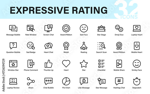 Expressive feedback and rating icon set with bubbles, stars, hearts, badges, and review symbols for digital design, UI, and communication apps