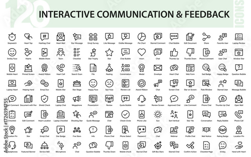 Modern interactive communication and feedback icon set featuring chat, mobile, rating, checklist, location, and user interface symbols for design projects