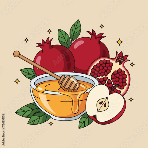 A festive illustration of pomegranates, an apple slice, and a bowl of honey with a dipper, symbolizing Rosh Hashanah traditions.