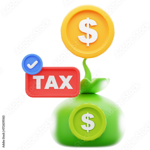 3D illustration of a money bag with a completed tax payment notification, symbolizing successful financial obligation and tax return filing