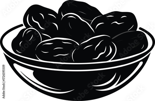 Black and white illustration of a bowl full of dried dates