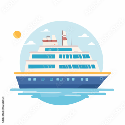 Flat vector illustration of a large passenger cruise ship sailing on calm blue water under a bright sky with a sun.