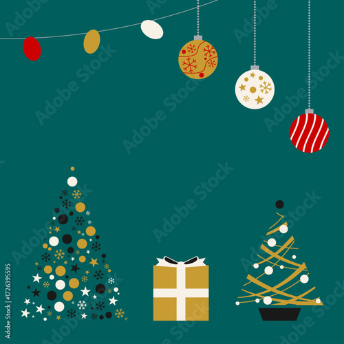 2種類のクリスマスツリーとギフトをあしらった華やかなカード背景デザイン