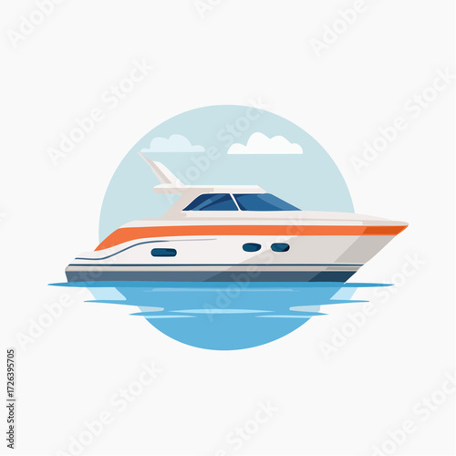 A sleek, modern yacht with orange accents cruising on calm blue water under a clear sky, depicted in a flat vector illustration.