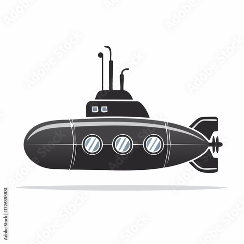 A sleek black submarine with portholes and a conning tower, depicted as a cartoon illustration on a white background.