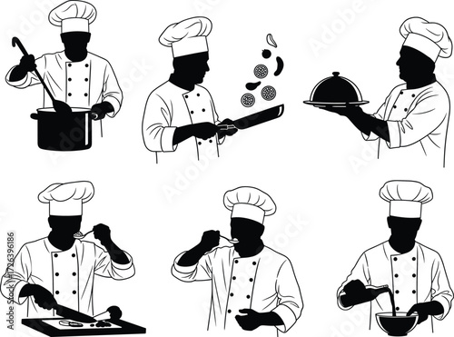 Chef illustrations, cooking actions, kitchen staff, culinary art, food preparation, restaurant scene, black and white vector, professional chef poses
