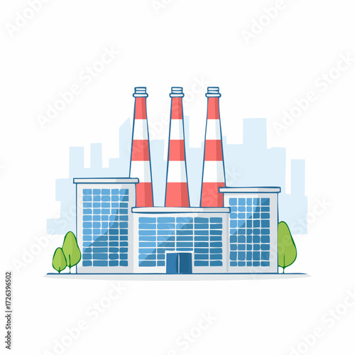 Cartoon illustration of a modern industrial factory building with three tall smokestacks and a city skyline in the background.