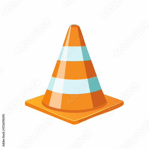 An orange and white striped traffic cone standing on a white background, used for road safety and construction warnings.