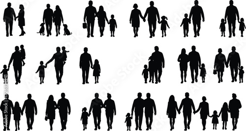 Family silhouettes walking together, parents with children, father mother kids, happy family concept, black illustration, bonding, unity, love, relationship, lifestyle