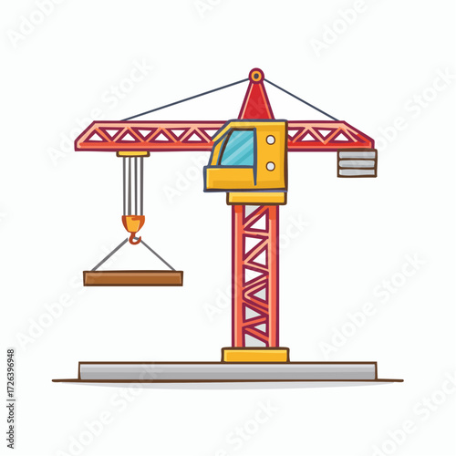 A colorful cartoon illustration of a red and yellow construction tower crane lifting a wooden beam on a white background.