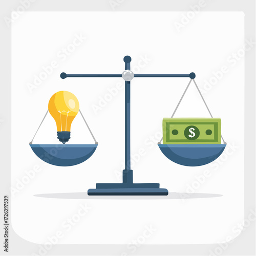 A balance scale weighing a bright yellow lightbulb against a stack of green dollar bills, symbolizing the value of ideas versus money in business.