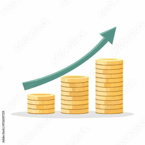 Three increasing stacks of gold coins with an upward arrow, symbolizing financial growth and success on a white background.