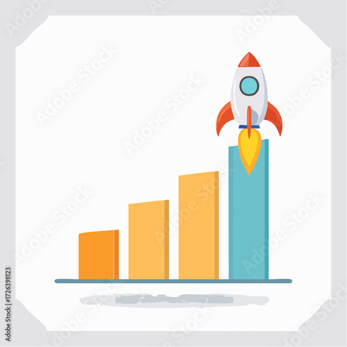 A rocket launching from the tallest bar of a rising bar chart, symbolizing business growth, success, and progress.