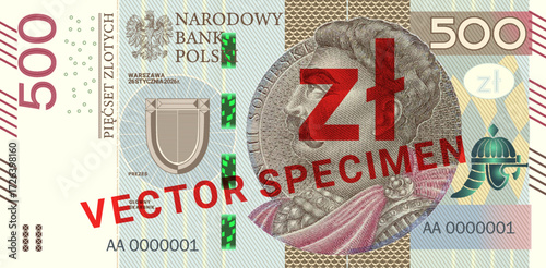 Vector fictional obverse of paper banknote, denomination of 500 Polish zlotys 2026. Game money of Republic of Poland. Five hundred. European finance and economy. Note, largest face value