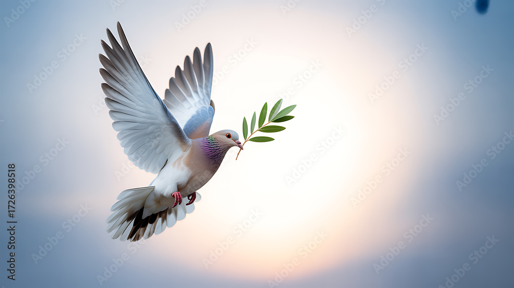 Fototapeta premium A dove in flight carrying an olive branch against a bright sky