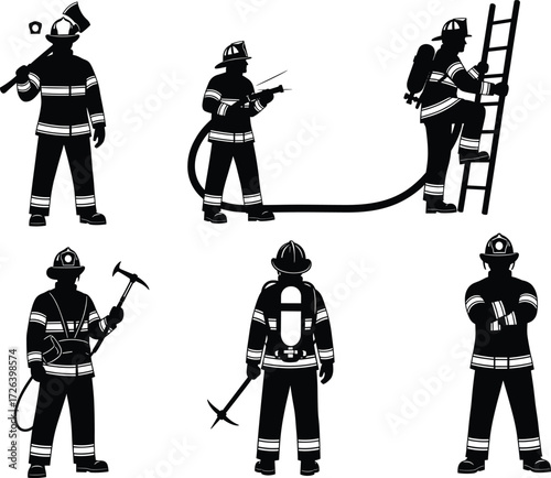 Firefighter silhouette, emergency action, fire rescue, gear pose, hose spray, ladder climb, black vector, safety equipment, heroic stance, protection