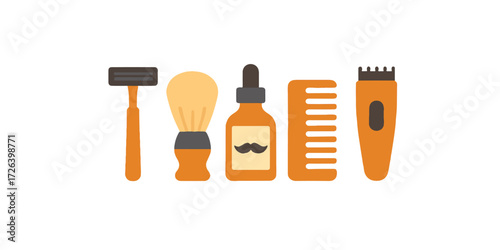 Print  Trendy vector illustration of men’s grooming kit – razor, shaving brush, beard oil, comb, trimmer – minimal flat icons, isolated on white