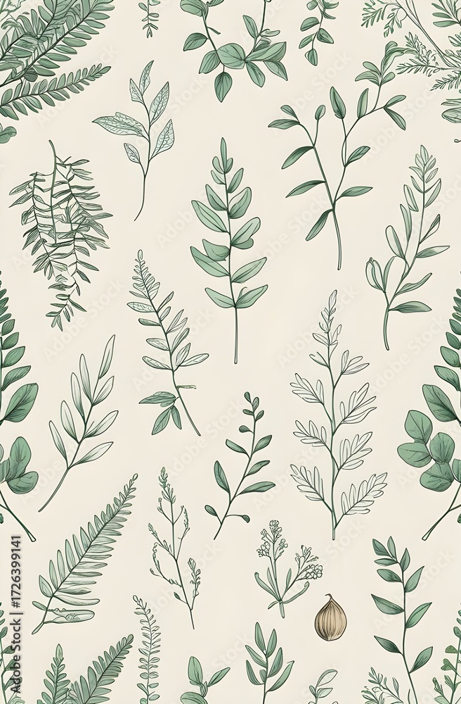 Naklejka premium Botanical Engraving Pattern with Ferns, Eucalyptus, Olive Branches and Wildflowers on Cream Background
