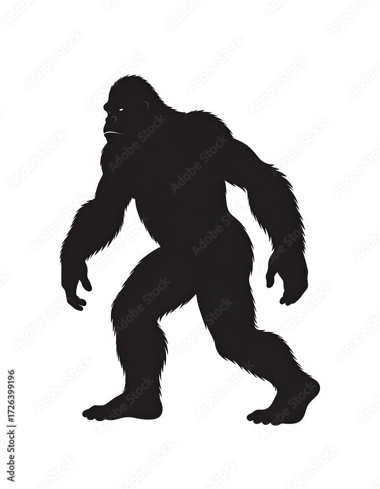 Fototapeta premium A bipedal, hairy creature silhouette striding forward against a white background
